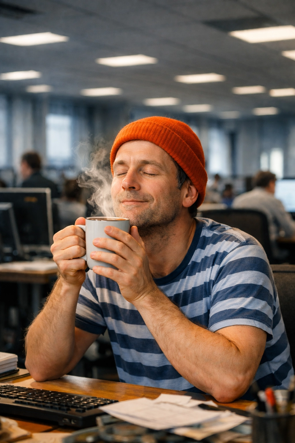 Herr Andresen von Schlürf beim Tee trinken auf der Arbeit für den kleinen Ruhe Moment zwischendurch