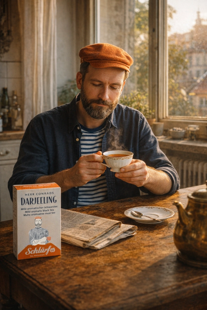 Herr Conrad von Schlürf genießt eine Tasse von seinem Tee zuhause am Tisch