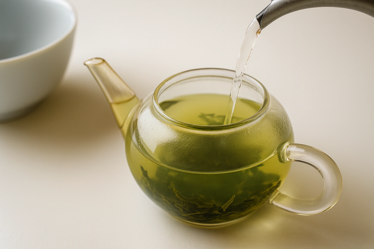 Grüner Tee in Glaskanne mit losem Tee