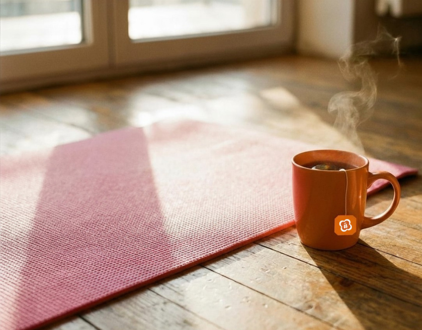 Schlürf Teetasse mit grünem Tee neben einer Yogamatte im Sonnenschein