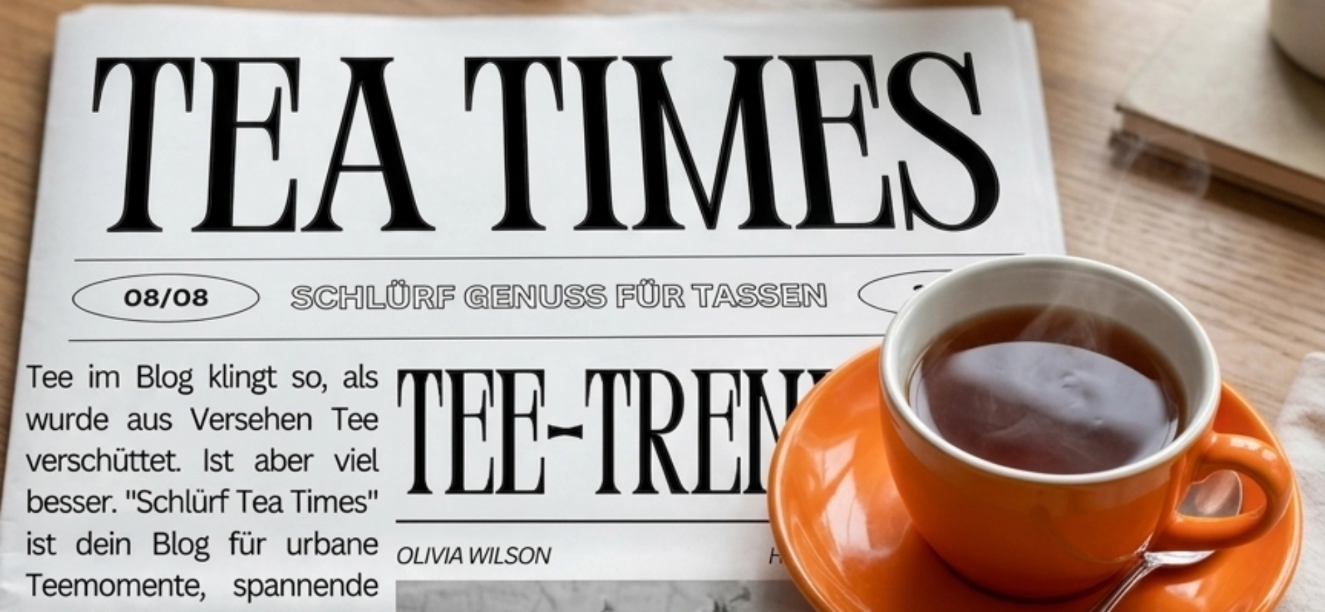 Tea Times Zeitung mit oranger Tee Tasse