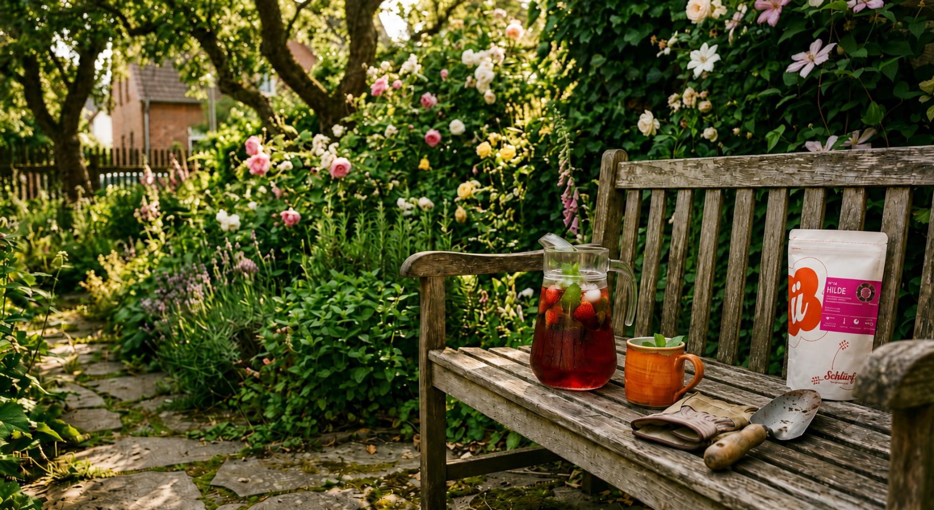 Schlürf Teeverpackung Hilde auf einer Gartenbank im sommerlichen Garten in der Nähe von Berlin