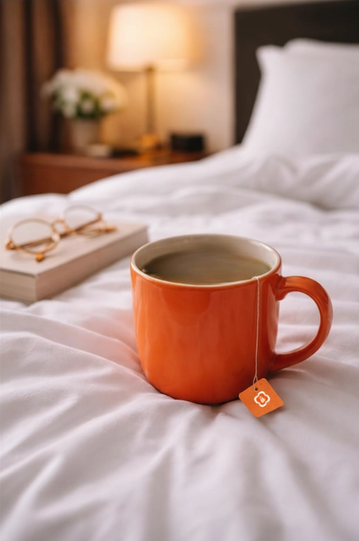 Schlürf Teetasse mit Teebeutel im Hotelzimmer auf Reisen