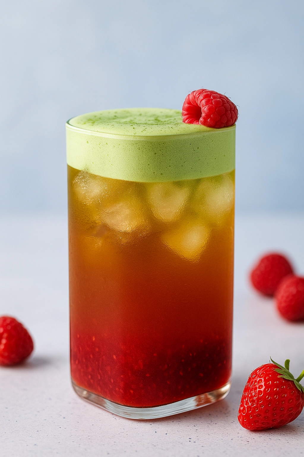 Eistee mit Erdbeeren und Matcha