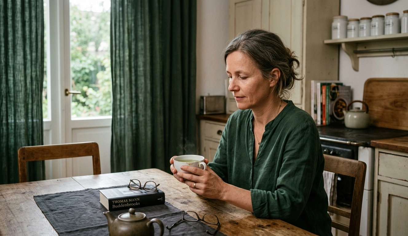 Frau Greete als Schlürf Charakter beim lesen mit ihrer Teetasse