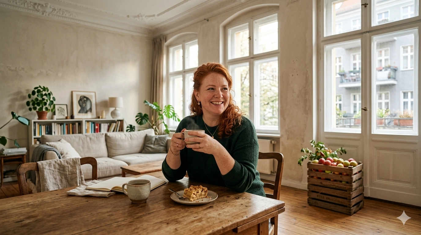 Schlürf Charakter Frau Heinrichs beim Teetrinken und Apfelkuchen essen in ihrer Altbauwohnung in Großstadt