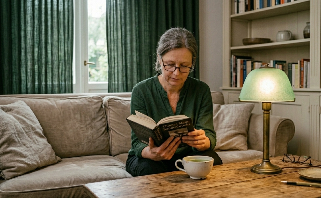 Frau Greete als Schlürf Charakter beim lesen mit ihrer Teetasse
