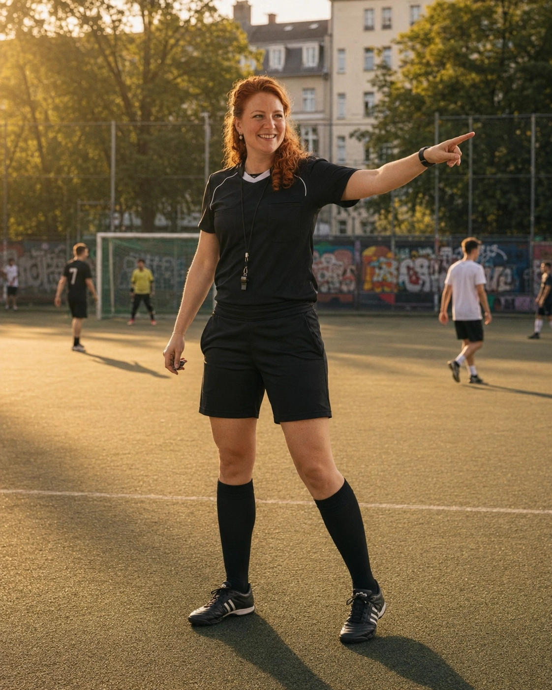 Frau als Schiedsrichterin beim Fußballspielen in Berlin am Abend