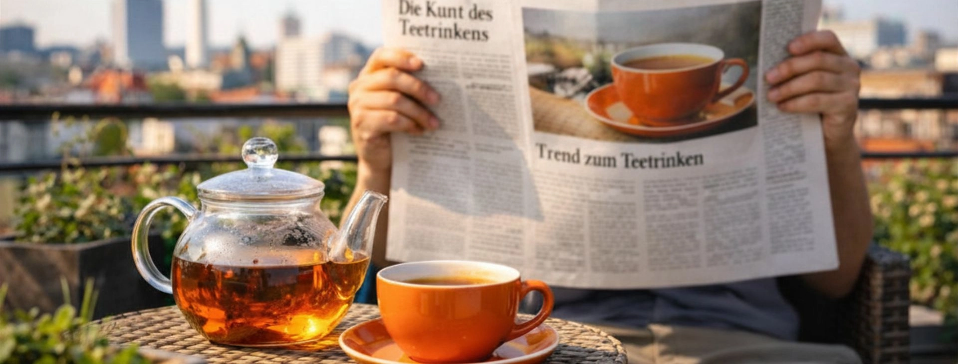 Sonnige Terrasse über Berlin im Sonnenschein mit Teekanne und Teetasse während ein Mann in Ruhe seine Schlürf Tea Times Zeitung liest