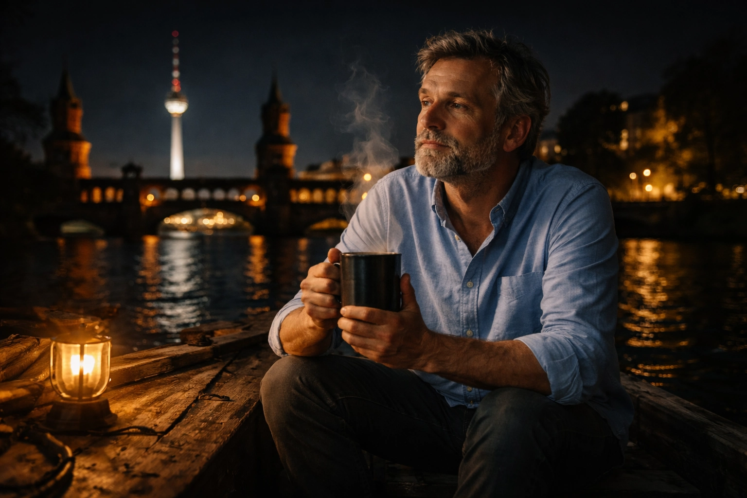Herr Petersen von Schlürf beim Tee trinken in der Nacht am Spreeufer mit Blick auf die Berliner Oberbaumbrücke