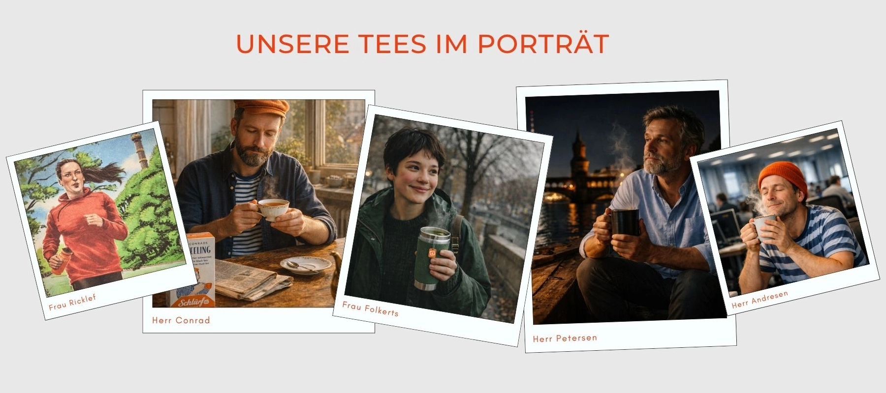 Fotocollage von verschiedenen Schlürf Tee Charakteren