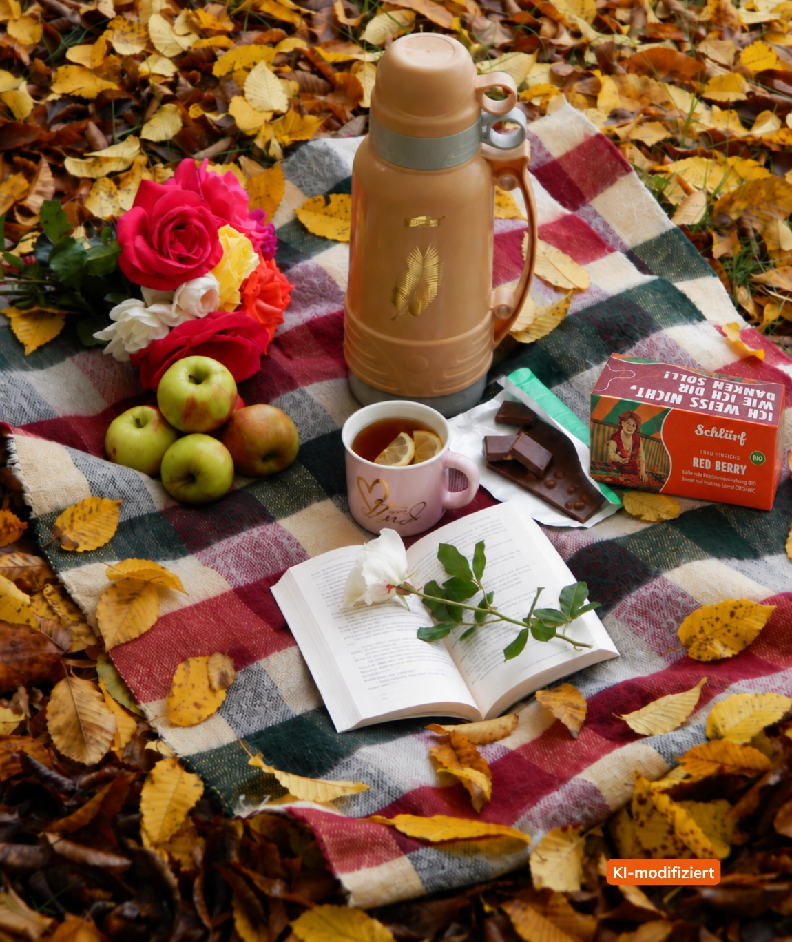 Picknickdecke mit Teetasse und Apfelkuchen auf herbstlichem Blätterboden