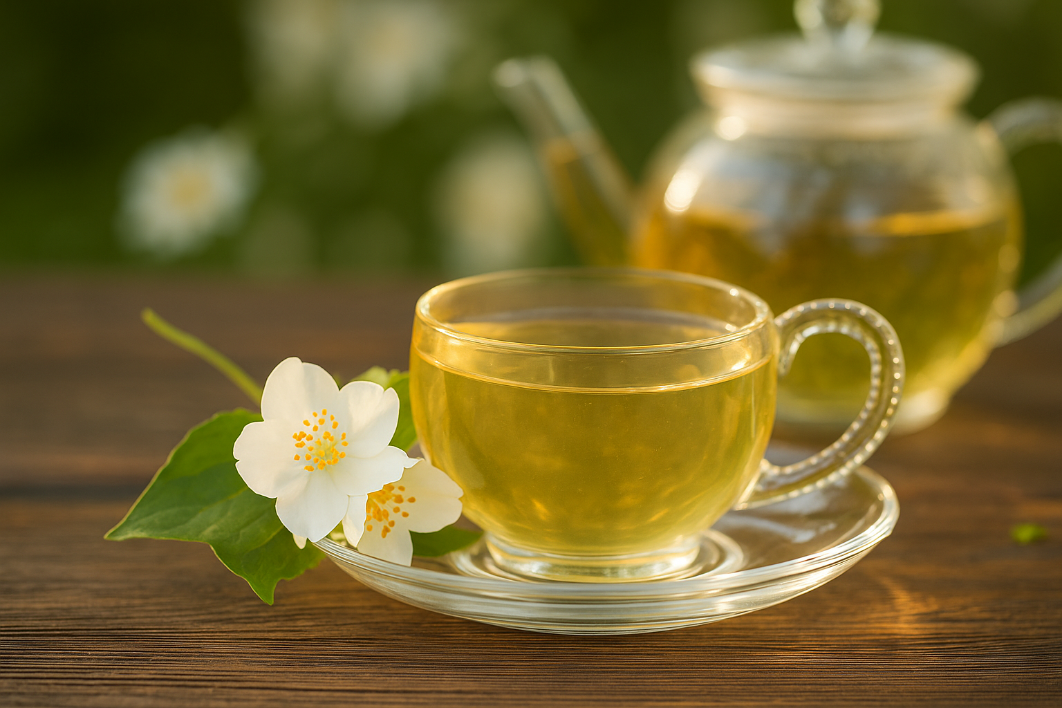 Glas Teetasse mit hellem Tee und Blüte