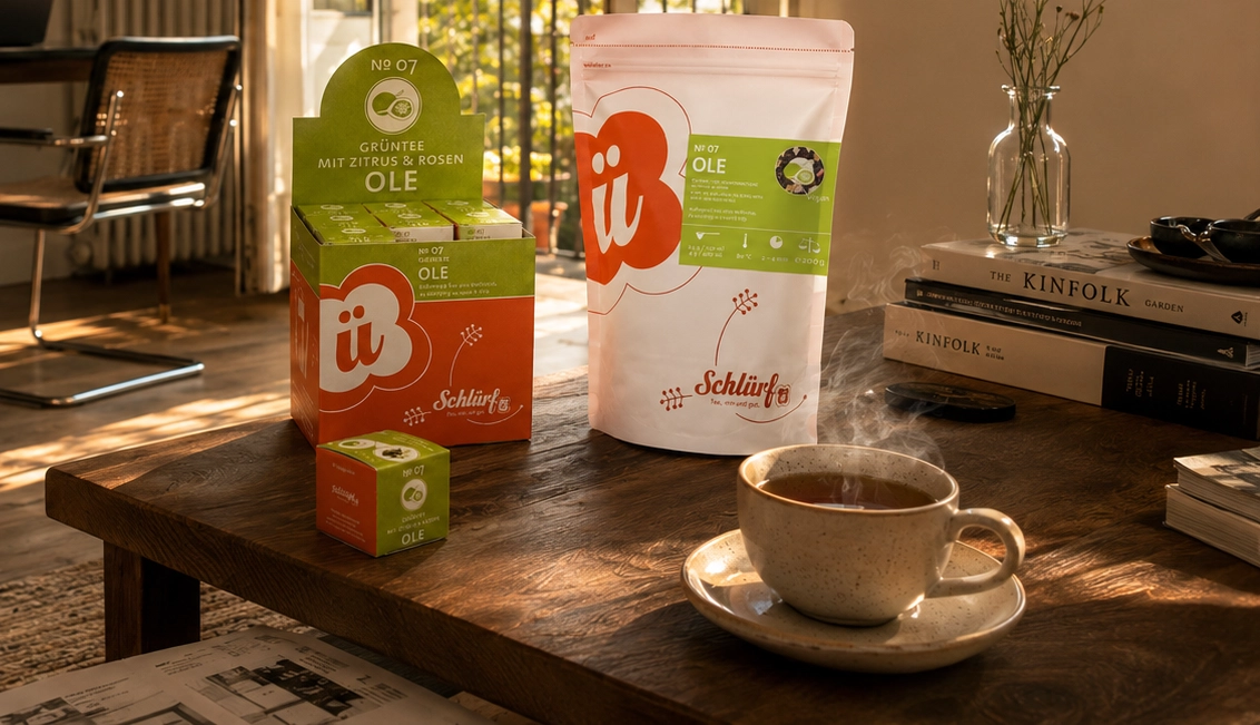 Teeverpackungen von Bio Tee Ole No 07 von Schlürf in einem gemütlichen Wohnzimmer beim Tee trinken