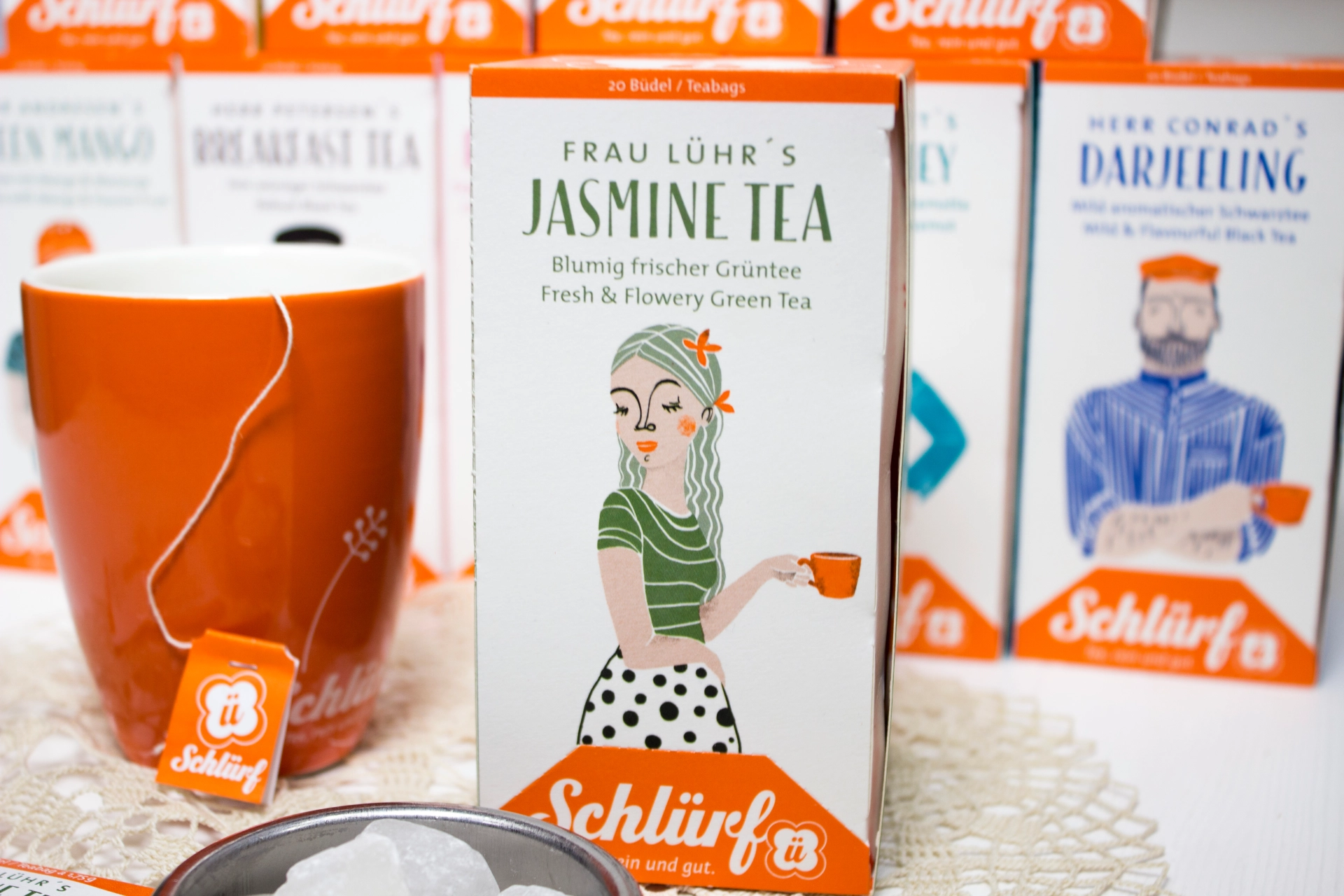 Schlürf Tasse mit dem Schlürf Tee Frau Lühr´s Jasmin Tea