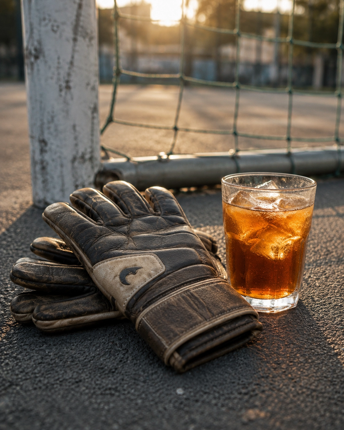 Eistee nach dem Fußballspielen neben Torwarthandschuhen