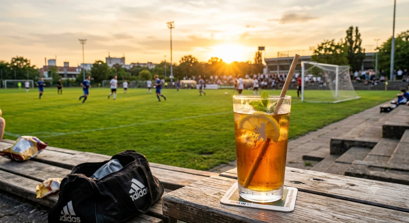 Blick über einen Fußballplatz. Am Rand steht ein Eistee mit Strohhalm und Zitronenstücken