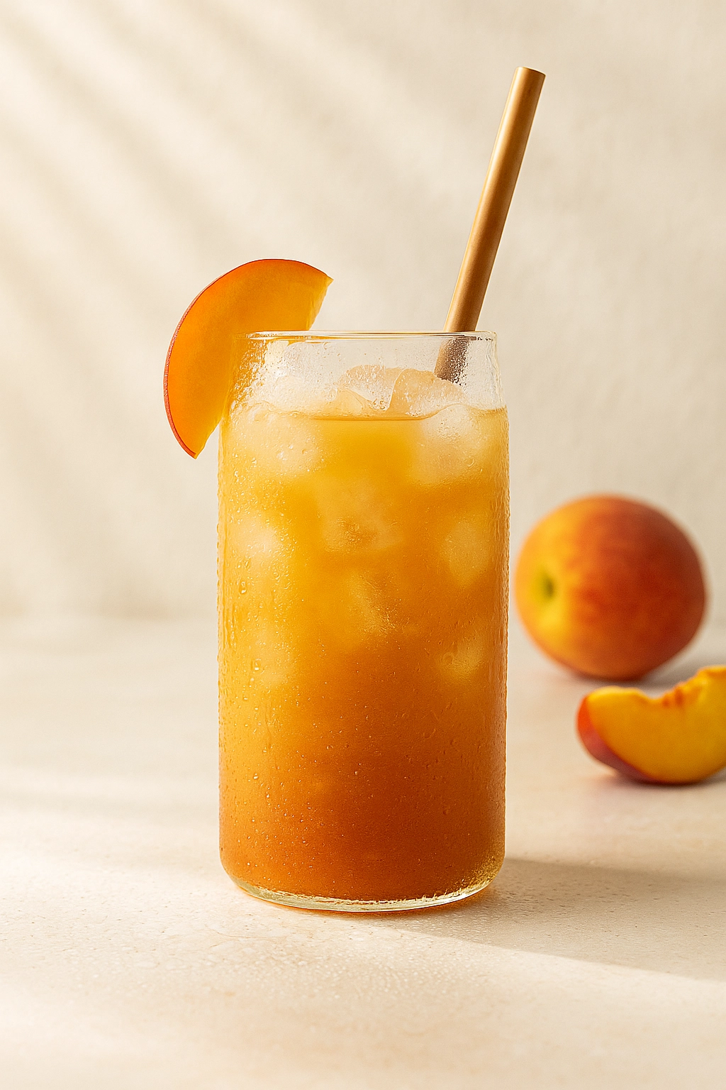 Pfirsich Eistee mit Frucht in hohem Glas