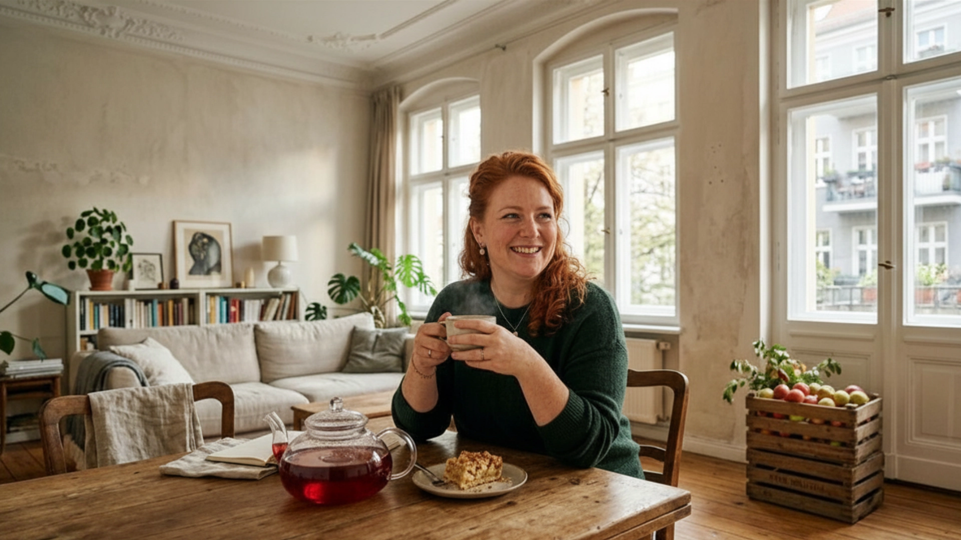 Schlürf Charakter Frau Heinrichs beim Teetrinken und Apfelkuchen essen in ihrer Altbauwohnung in Großstadt