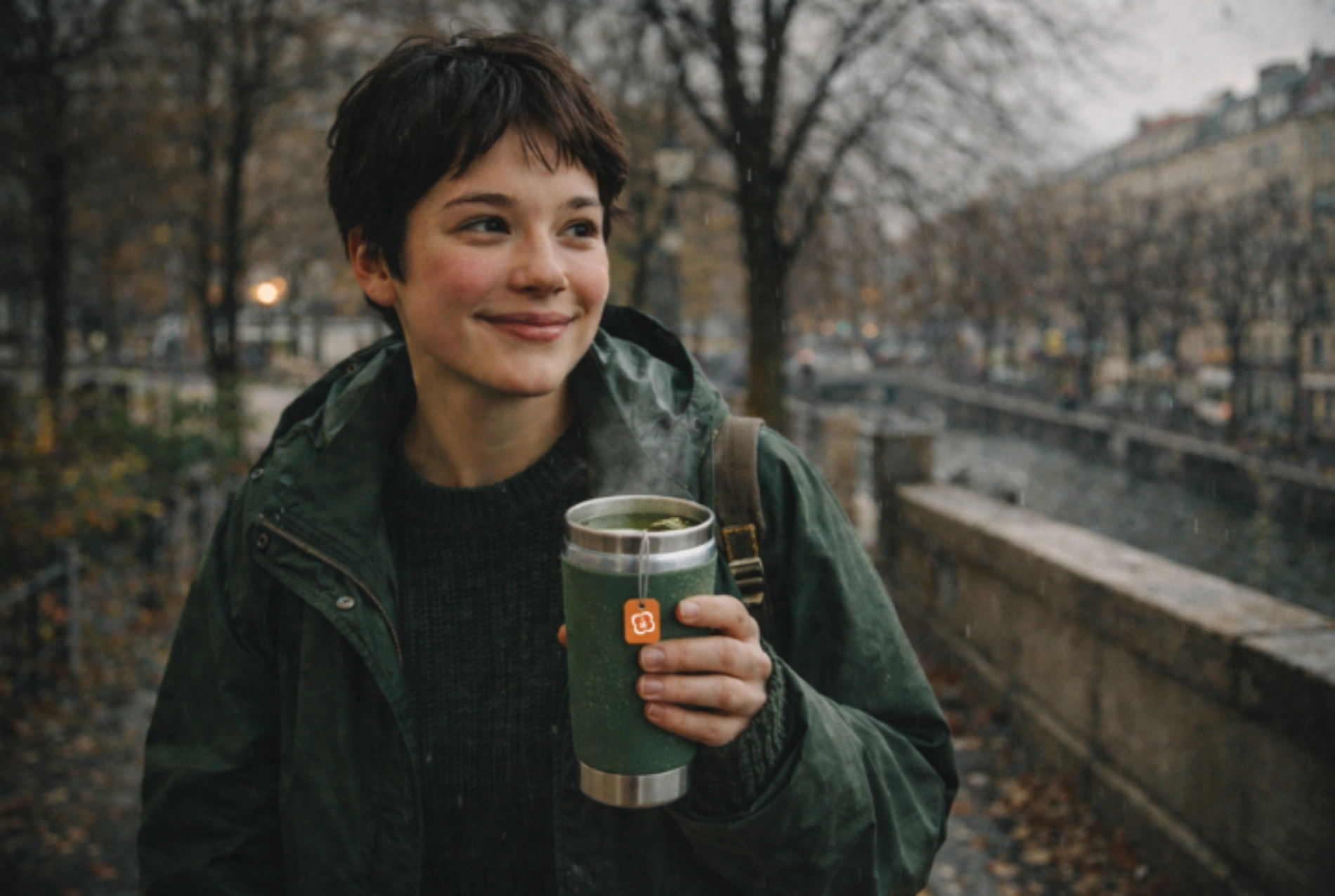 Junge Frau beim spazieren und Tee trinken mit Thermosbecher im urbanen Umfeld